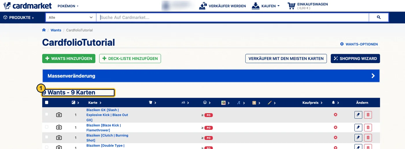 Die Wants-Liste mit der Überschrift 9 Wants – 9 Karten, gelb umrahmt, und der Tabelle darunter.