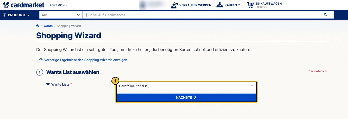Der erste Schritt des Shopping Wizards: Auswahl der Wants-Liste und der Knopf Nächste, gelb umrahmt.
