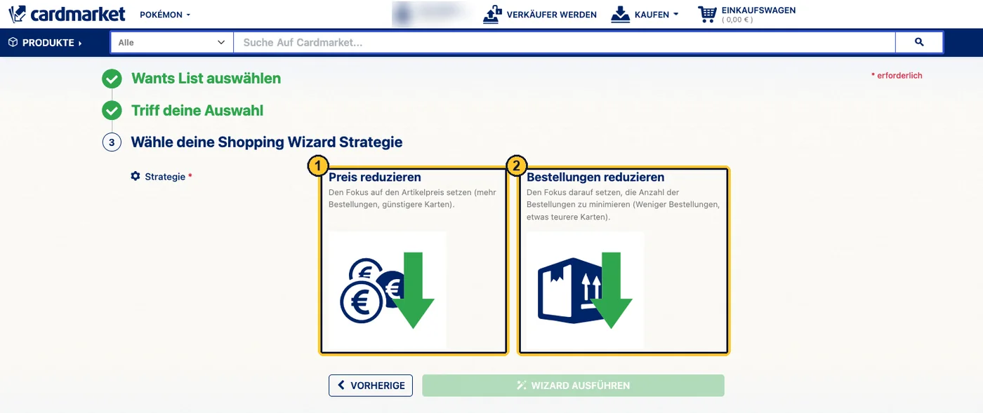 Der dritte Schritt des Shopping Wizards mit den zwei Strategien Preis reduzieren und Bestellungen reduzieren.